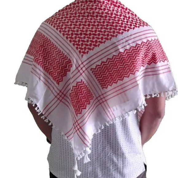 Red & White Shemagh Middle Eastern Keffiyah Scarf Cotton Hijab - Picture 2 of 2